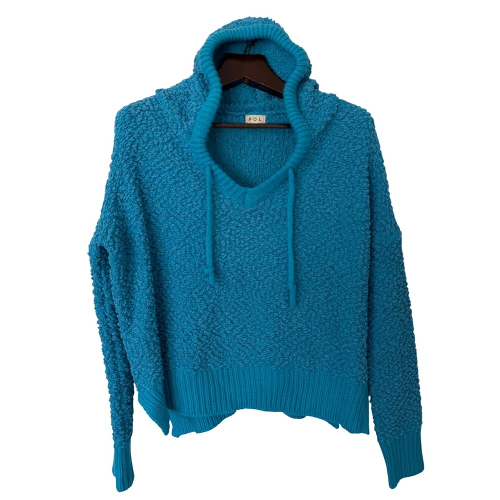 POL Clothing Blue Popcorn Knit Hooded Sweater V-Neck Pullover POL15 Womens M